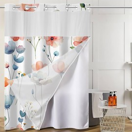 OSUNBD No Hook Shower Curtain 71 x 74 Inch, Watercolor Floral Water-Proof Fabric Inner Liner, Plants Blue Orange Flowers White Cloth Shower Curtains & Mesh Top for Home & Hotel Bath, Washable