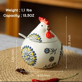 XIEFFICH 13.5 Oz Salt Cellar With Lid and Spoon (Green)- Ceramic Chicken Spice Jars for Salt, Sugar, Pepper - Spice Containers for Countertop