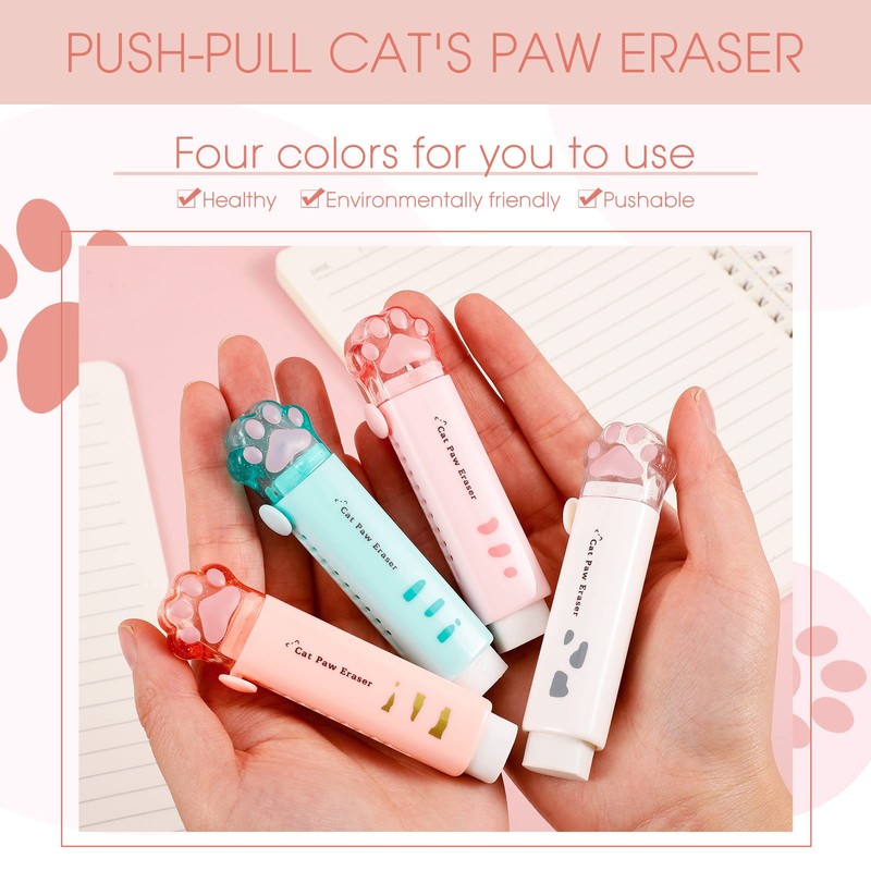 RosewineC 4 Pcs Cat Paw Shaped Retractable Erasers, 4 Color