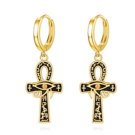 Ankh Dangle Earrings 925 Sterling Silver 18K Gold Plated Eye of Horus Drop Earrings Egyptian Ankh Cross Leverback November Birthstone Jewelry Gift for Men