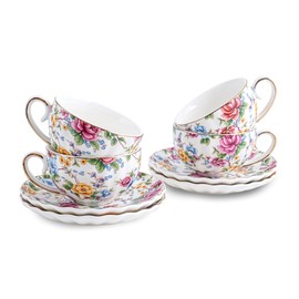 Agyiuns Ceramic Tea Cup and Saucers, 6.4oz Floral Tea Cups, Coffee Cappuccino Espresso Latte Mugs for Party Birthday,Christmas Gift (Flowers and green leaves)