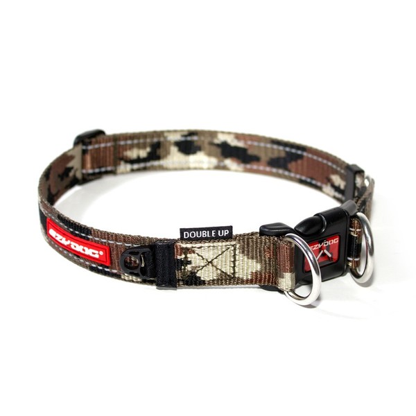 EzyDog Double Up Premium Nylon Dog Collar with Reflective Stitching - Double D-Rings for Superior Strength, Safety, and Comfortability - Non-Rusting and Includes an ID Attachment (Medium, Green Camo)