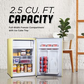 ICEBOX 2.5 Cu. Ft. Compact Refrigerator, ENERGY STAR Certified Small Refrigerator, Single Door Mini Fridge with Freezer, R600a Refrigerant, IBCR25SUN , Sun Yellow