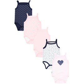 TupTam Baby Girl Bodysuit Set of 5 - Summer Bodysuit Baby with Spaghetti Straps Made of 100% Cotton, Dark blue flowers light pink hearts apricot bears