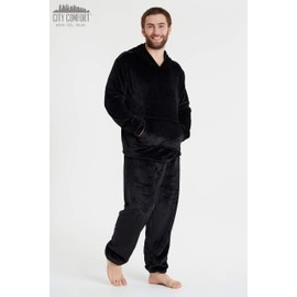 CityComfort Mens Pyjamas Set, Warm Fleece Pyjamas for Men with Fluffy Hoodie (Black, L)