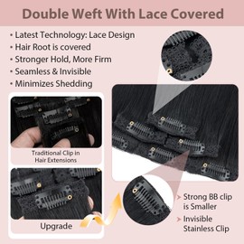Silk-co Clip in Hair Extensions Real Human Hair Extension Double Weft With Lace Coverd Clip in Silky Straight 100% Natural Very Thin Highlight efffect for Women 6PCS 6Clip 12Inch #01 Jet Black 33g