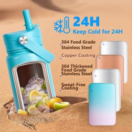 Insulated Water Bottle with Lid & Boot & Stickers, 24 oz Stainless Steel Sweat Free Bottle Keep Cold 24H, BPA-Free Sports Wide Mouth Water Bottle, CyanPink