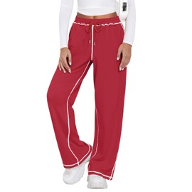 Feiersi Women's Wide Leg Sweatpants Soft Trendy Drawstring Baggy High Waisted Casual Trousers Jogger Sweat Pants(Red,Large)