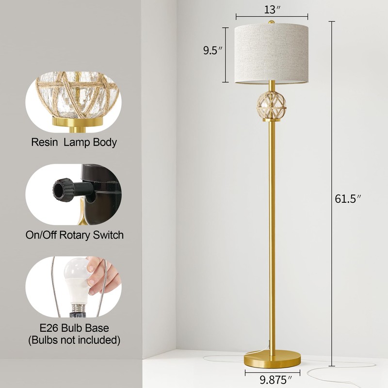 Oneach 61.5” Modern Floor Lamp for Living Room, Gold Boho