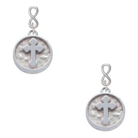 Delight Jewelry Silvertone Botonee Cross - Round Seal Silvertone Infinity Post Earrings