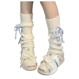 RoseSeek Women's 1 Pair Ribbed Knit Lace Up Bowknot Leg Warmers Y2K Preppy Kawaii Mid Calf Pile Boot Socks White Blue One-Size