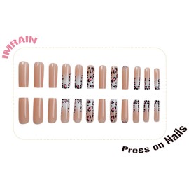 IMRAIN Press on Nails Long Square Fake Nails Glossy Nude French False Nails with Brown Pink Leopard Print Design Full Cover Glue on Nails for Women Girls Nail Decor 24Pcs Squoval Artificial Nails