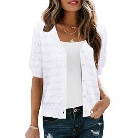 IECCP Womens Short Sleeve Summer Cropped Cardigan Open Front Crochet Shrug Hollowed-Out Knit Sweater V Neck Button Down Tops (White,XL)