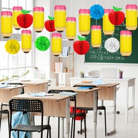 20Pcs Pencil Hanging Paper Lanterns Welcome Back to School Classroom Apple-Shaped Honeycomb Paper Balls Decorations for First Day of School Party Supplies Decor
