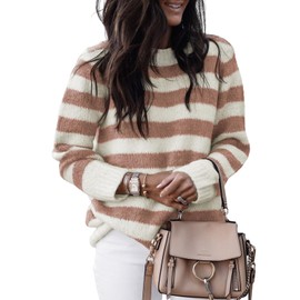 Dokotoo Womens Plus Size Sweaters Wool Crew Neck Striped Color Block Comfy Ribbed Knit Top Cute Christmas Casual Loose Chunky Long Pullover Sweater Oversized Jumper Tops Brown XX-Large