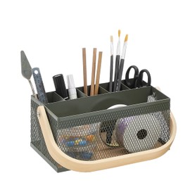 SunnyPoint Utensil Caddy with Plywood Handle – Metal Mesh Silverware & Cutlery Organizer for Kitchen, Picnic, Party, Restaurant & Events (ARMY)