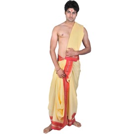 Dhoti and Veshti Set with Temple Border - Viscose - Color Pale Yellow