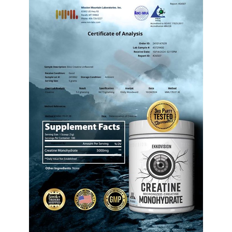 Ekko Creatine 3RD Party Tested Dietary Healthcare Supplement:_Unflavored_100 Servings