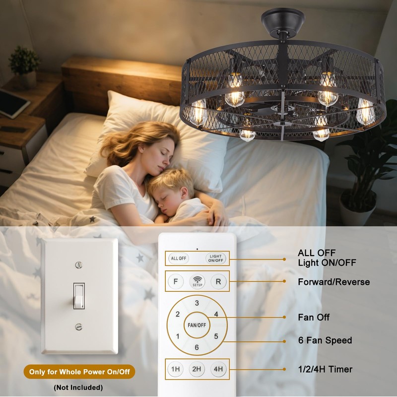 Depuley Black Ceiling Fans with Light: Flush Mount Caged Ceiling