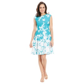 London Times Women's Dresses Perfect Versatile Scuba Crepe Fit & Flare Dress Event Guest of Occasion Office Career, Turq/Ivory, 12