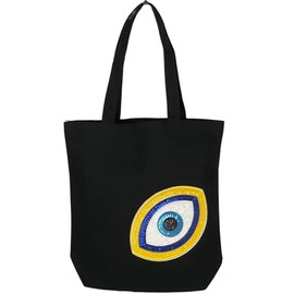 Canvas Tote Bag for Women Evil Eye Yellow Sequins Patch Shoulder Bag Reusable Tote Bag