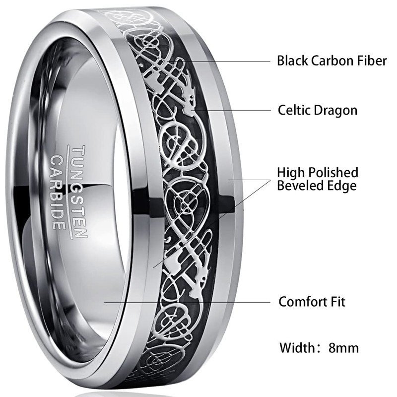 VAKKI Celtic Dragon Wedding Band 8mm Black Carbon Fiber Tungsten