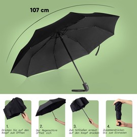 Villkin Regenschirm sturmfest mit Auf-Zu-Automatik - robuster und hochwertiger Regenschirm in schwarz für Damen und Herren - 107cm breiter Taschenregenschirm