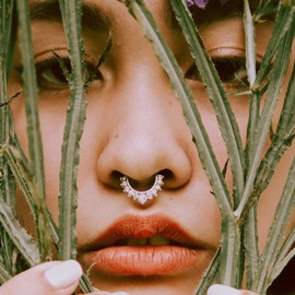 Zeshimb Crystal Nose Rings Hoops Fake Septum Clicker Nose Ring Clear CZ Faux Nose Rings Earrings Rose Silver Non Pierced Nose Hoops Body Jewelry for Women