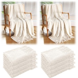 VitalCozy 10 Pcs 51" x 71" Knitted Throw Blankets with Tassel Soft Warm Rhombus Textured Blankets for Graduation Season Employee Gifts Teacher Volunteer Appreciation Gifts Bulk(Beige)