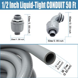 QSHFTO 1/2 Inch Liquid-Tight Conduit and Connector Kit - 50 FT Non-Metallic Electrical Conduit with 5 Pcs 180° Straight and 5 Pcs 90° Angle Fittings