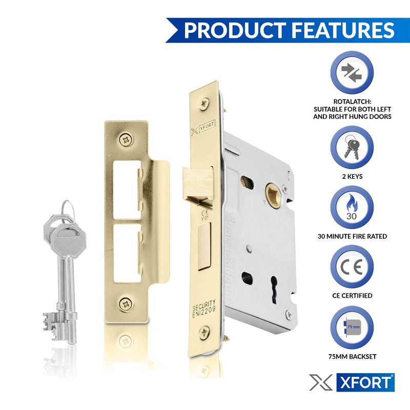 XFORT® 3 Lever Polished Brass Mortice Sashlock 75mm, Door Lock