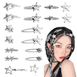 Silver Y2K Hair Clips for Women, Star Hair Clip, 10 Shapes Metal Barrettes, Cute Hair Pins, Star Hair Accessories, Cool Hair Styling Hairpin Set for Girls (Pack of 18)