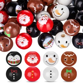 Junkin 100 Pieces Christmas Wooden Beads for Craft Colored Wood Beads for Jewelry Making Snowman Santa Penguin Gingerbread