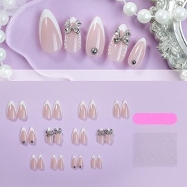 White French Tip Press on Nails Almond Fake Nails Medium False Nails with Silver Bow Charms Design Glue on Nails Pearl Glossy Full Cover Stick on Nails Elegant Acrylic Nails for Women Manicure 24Pcs