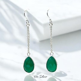 India with Love 925 Sterling Silver Teardrop Dangle Earrings, Chain Drop Design (Green Onyx)
