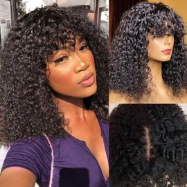 Short Curly Wig Human Hair Wigs with Bangs 2x1 Curly Lace Front Wigs Human Hair Glueless Wig Curly Wigs for Black Women Short Bob Wig Human Hair 150% Density 10 Inch