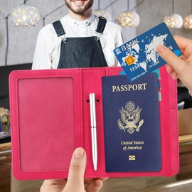 ACdream RFID BLOCKING Passport Holder Travel Wallet - Premium PU Leather Cover Passport book with Card Holder, Pen Slot, Keep Organization, and Travel Essentials for Women and Men, C - Hot Pink,