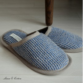 Tigo Linen & Cotton Men's Adult Soft, Light, Slippers, Waffle Pique Fabric / Guest Slippers, 100% Linen - blue, size: 41/42 EU