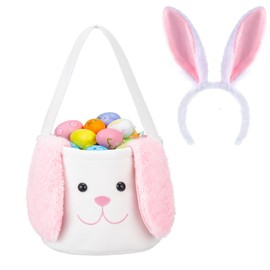 Easter Bunny Basket for Kids, Plush Lovely Buckets for Eggs Hunting,Decorations,Candy Gifts Storage （with Bunny Headband）