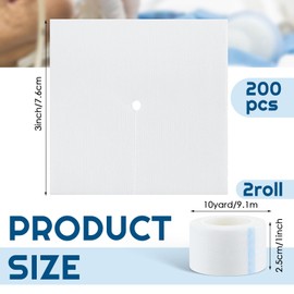 Timgle 200 Pcs 3" x 3" Split Gauze Pads 6 Ply Split Drain Sponge Gauze Non Woven Slit Bandage Sponges with 2 Roll of Tape for Wound Care Tubes Drains Supplies