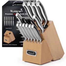 Kuisine Premium 15-Piece Acacia Wood Block Chef Knife Set Stainless Steel Handle Kitchen Knife & Scissors Set Built-In Sharpenercolor: Acacia Wood