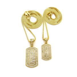 Fashion 21 Hip Hop Iced Out Double Dog Tag Pendant 24",27",30" Box Chain 2 Necklace Set in Gold Tone (2mm 24"+27" Box Chain Set)