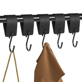 BELIHOME S Hooks Black with Leather Loop, Pack of 5 Hooks, Coat Hooks, Metal Hooks, Multi-Purpose Hooks with Leather Loop, Camping Hooks for Wardrobe, Clothes Rail, Kitchen, Bathroom