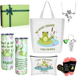 uyakhom 7 Pcs Frog Gifts for Women Green Stainless Steel Frog Tumbler Keychain Cute Socks Canvas Cosmetic bag Pendant Necklace Present Box Self Care Accessories Set for Birthday Family Friends