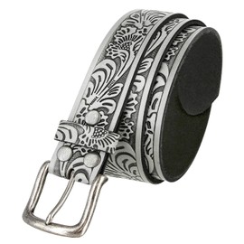 BS220-CX160 Western Floral Engraved Embossed Tooled Genuine Leather Belt with Antique Silver Buckle 1-1/2"(38mm) Wide (Gray, 34)