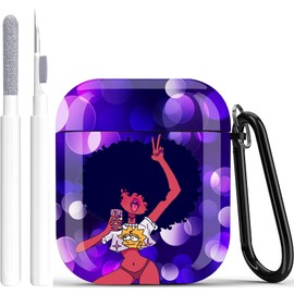 Black Afro Girl Case - Wonjury African American Skin Protective Hard Case Cover Portable & Shockproof Women Girls with Keychain for 2/1 Charging Case (Selfie Slim Black Girl)