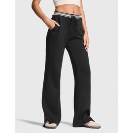 HeSaYep Women's Fleece Lined Sweatpants Winter Warm High Waisted Trousers Split Hem Flare Sweat Pants with Pockets Black L