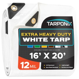 Tarponix 16' x 20' Extra Heavy-Duty White Poly Tarp – 12 Mil Thick, Waterproof, UV-Resistant Polyethylene with Reinforced Edges, Double-Stitched Hems, and Rustproof Grommets