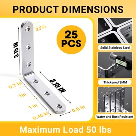 25Pcs Stainless Steel Angle Brackets, 3”x 3” Heavy Duty Corner Brackets,Metal Corner Braces for Wood, 3MM 90 Degree Joint Hardware, 3inch l Bracket for Shelves Wood Furniture Cabinet Chairs Bookshelf