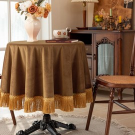 F-CHU Luxury Camel Tablecloth Thickset Velvet Tablecloth with Beautiful Gold Tassels Vintage Table Cloth for Home Decor Wedding, Party, Banquet and Events 67" Round